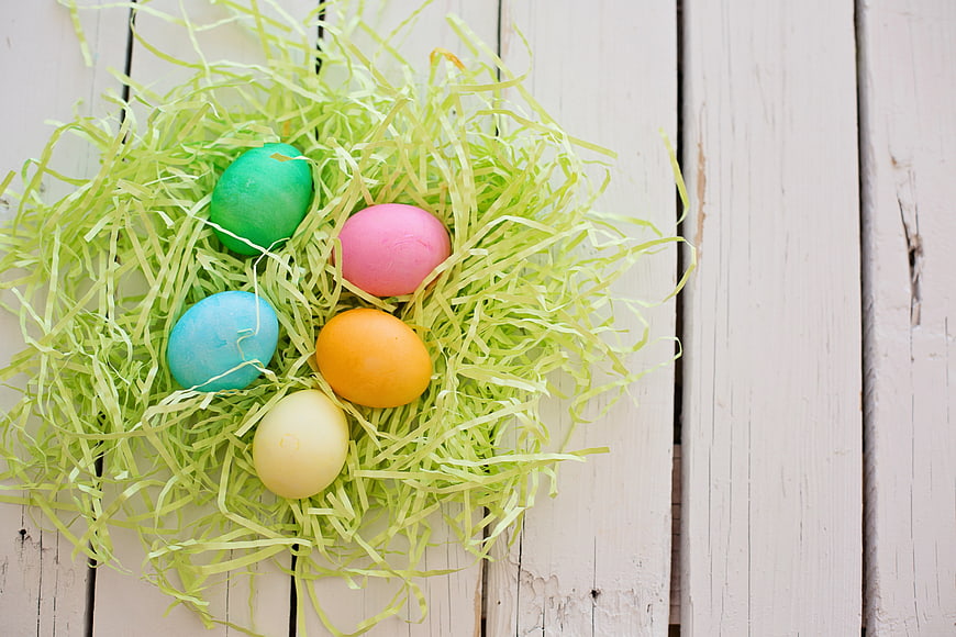 Colorful Easter Eggs in Green Nest on White Wood
