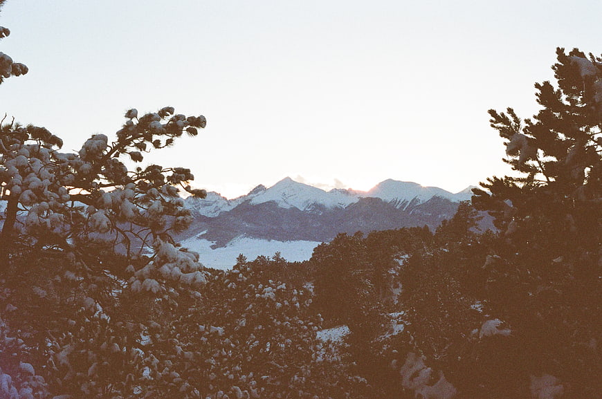 Snowy Pine Trees Framing Distant Mountain Peaks at Sunset