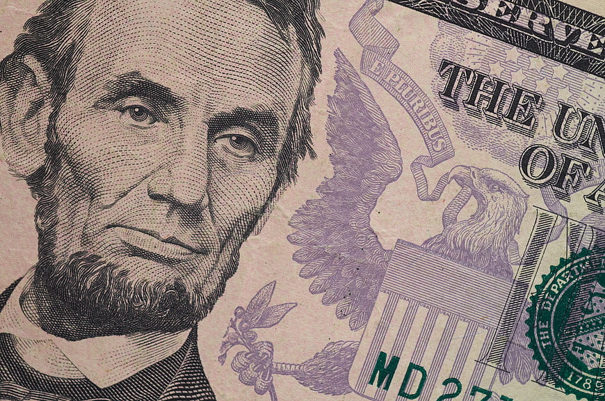 Close-up of US Five Dollar Bill with Lincoln Portrait