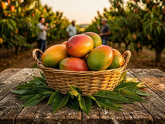 Fresh Mango Harvest in Wicker Basket on Wooden Table