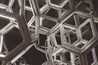 Abstract Geometric Metal Hexagon Structure with Lighting