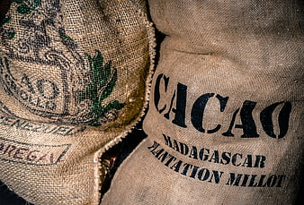 Close-up of burlap cacao bags from Madagascar
