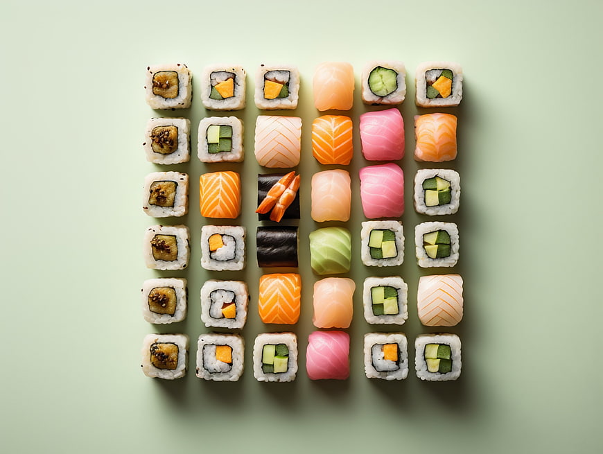 Top View Colorful Sushi Grid on Green Background
