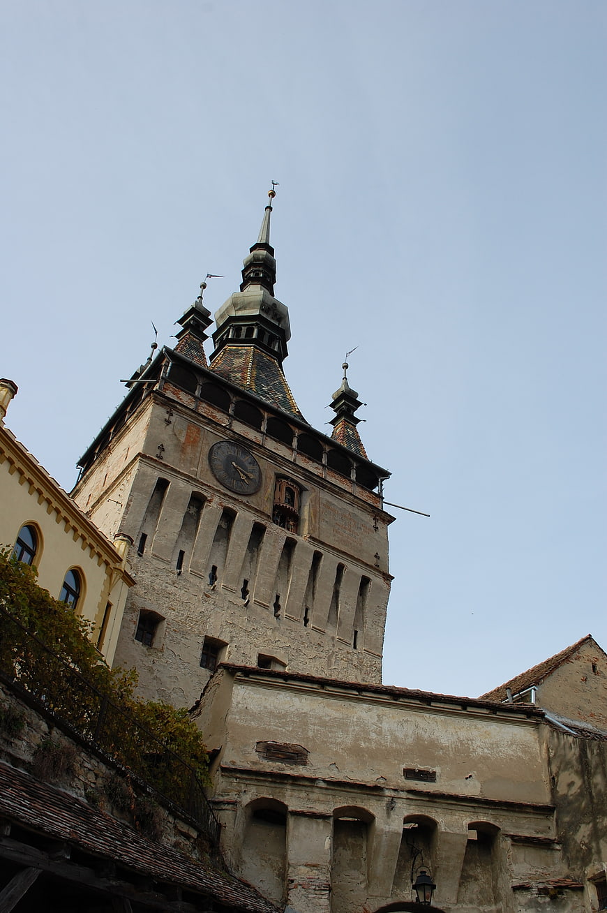 Low angle view of historic Sighisoara clock tower
