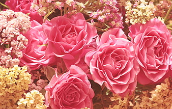 Close-up of pink roses and yellow flowers in a romantic bouquet