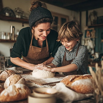 Mother and Son Baking Bread Together in Rustic Kitchen