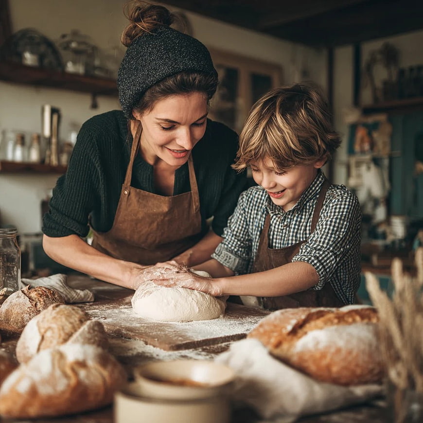 Mother and Son Baking Bread Together in Rustic Kitchen