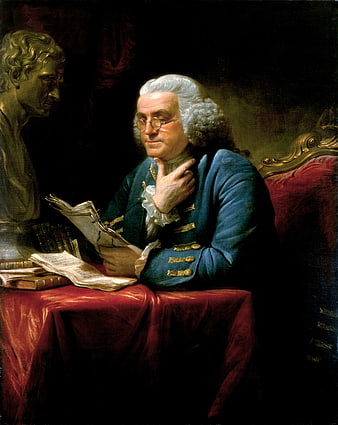 Oil painting portrait of Benjamin Franklin reading at a desk