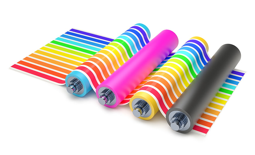 CMYK Printing Rolls and Color Chart 3D Render
