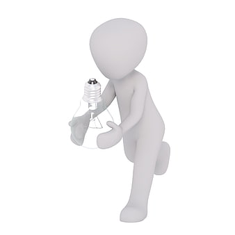 3D white figure holding a lightbulb on white background