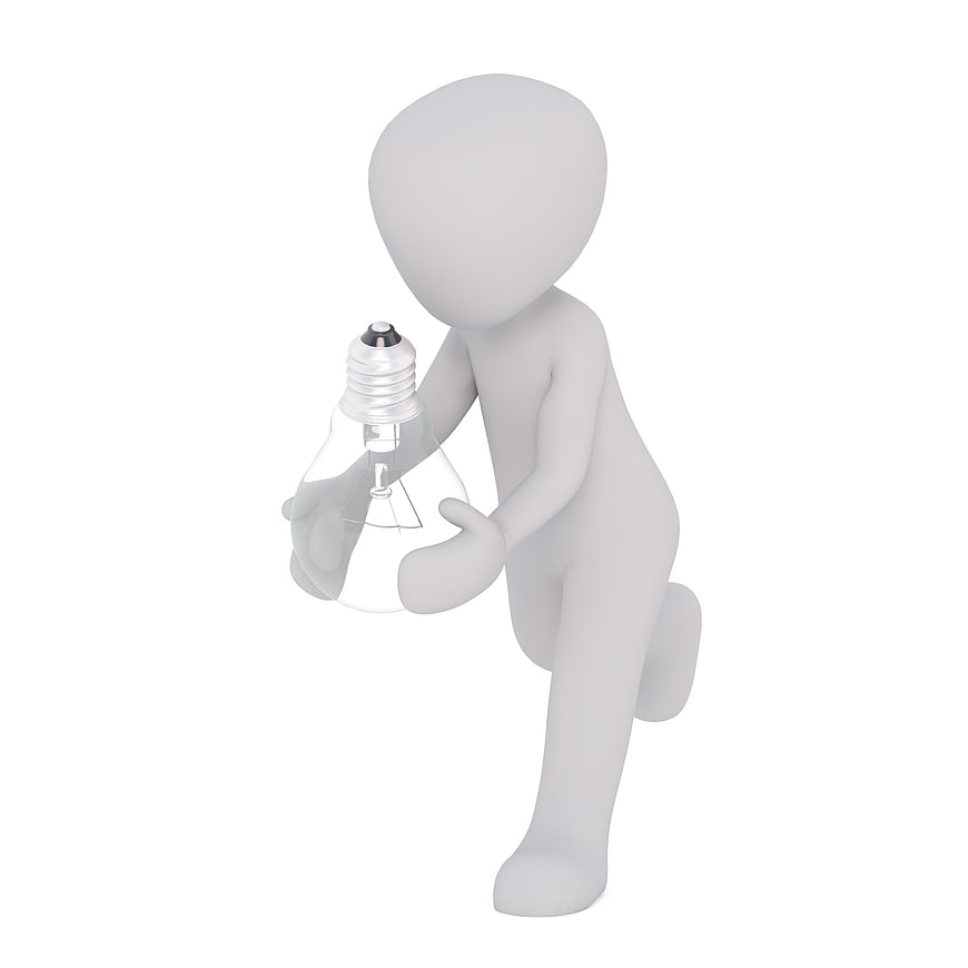 3D white figure holding a lightbulb on white background