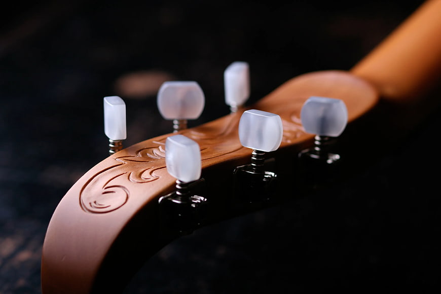 Close-up of wooden guitar headstock with pearl tuning pegs