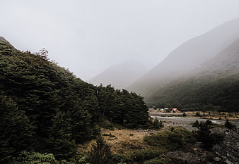 Misty Mountain Valley with River and Forest