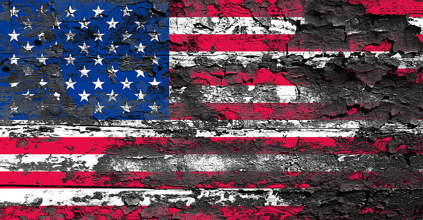 Grungy American Flag on Weathered Wood Texture