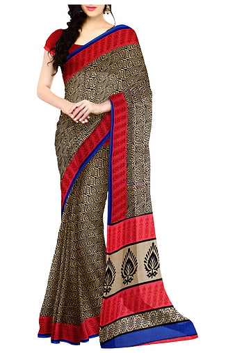 Woman Wearing Khaki And Red Handloom Cotton Saree