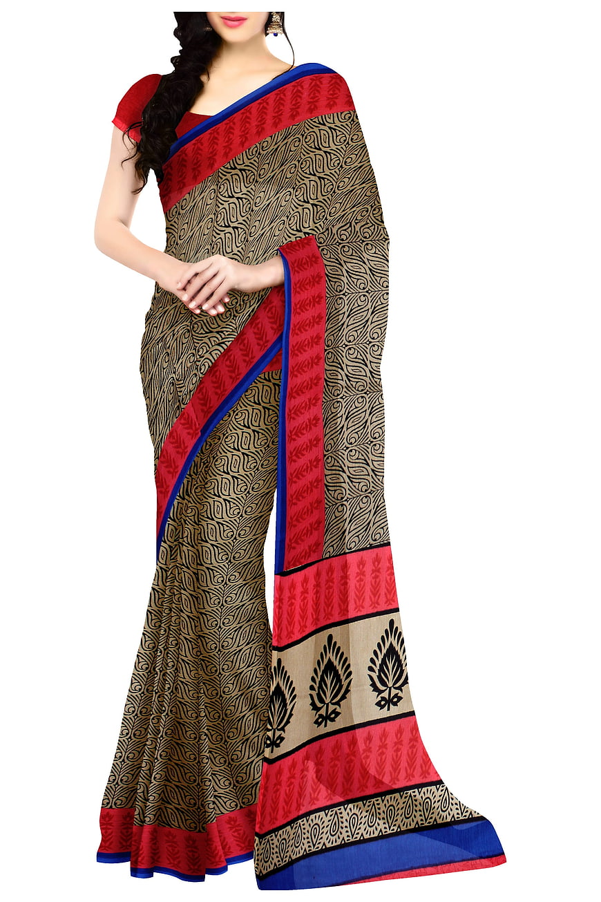 Woman Wearing Khaki And Red Handloom Cotton Saree