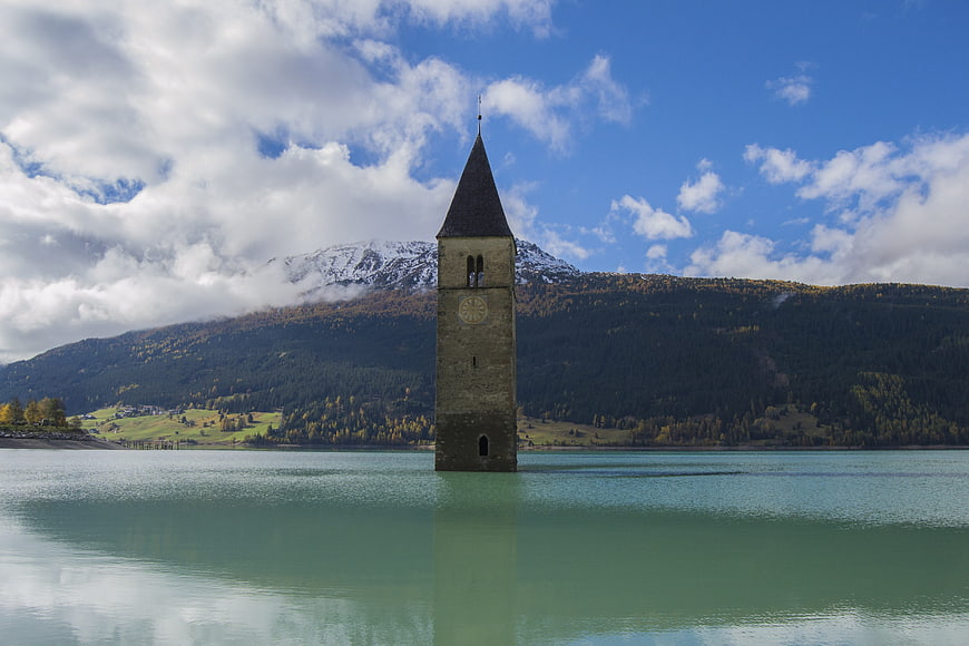 Sunken Church Tower in Reschensee Lake, South Tyrol