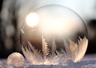Frozen Soap Bubble with Ice Crystals in Winter Sun