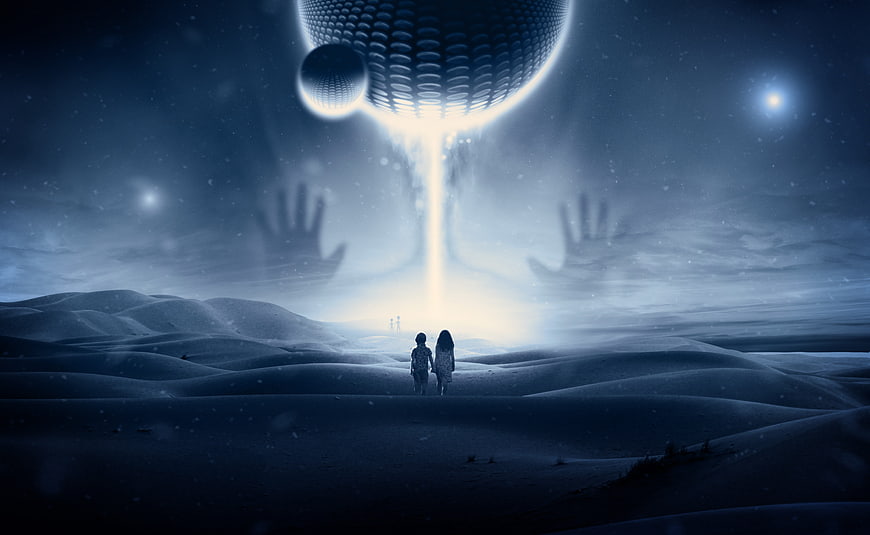 Children walking toward glowing alien spaceship in desert