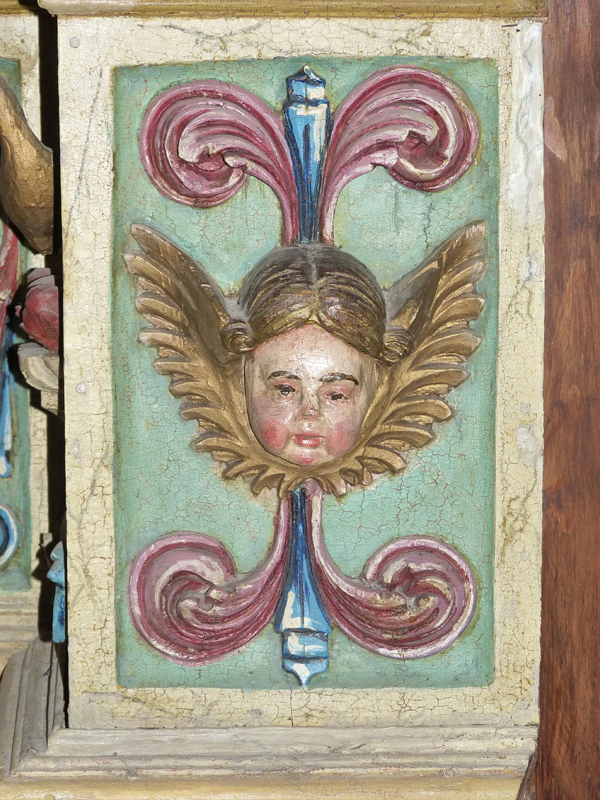 Baroque Polychrome Wood Carved Cherub Face Detail