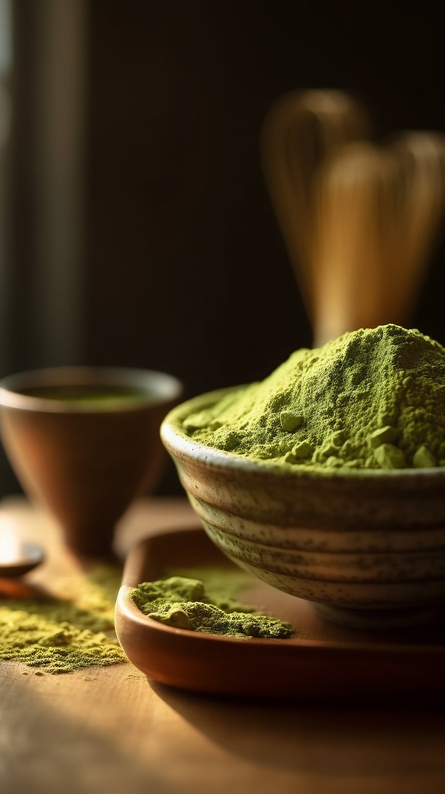 Vibrant Matcha Powder in Ceramic Bowl with Tea