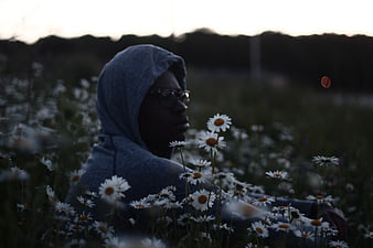 Man in Hoodie Sitting in Daisy Field at Dusk