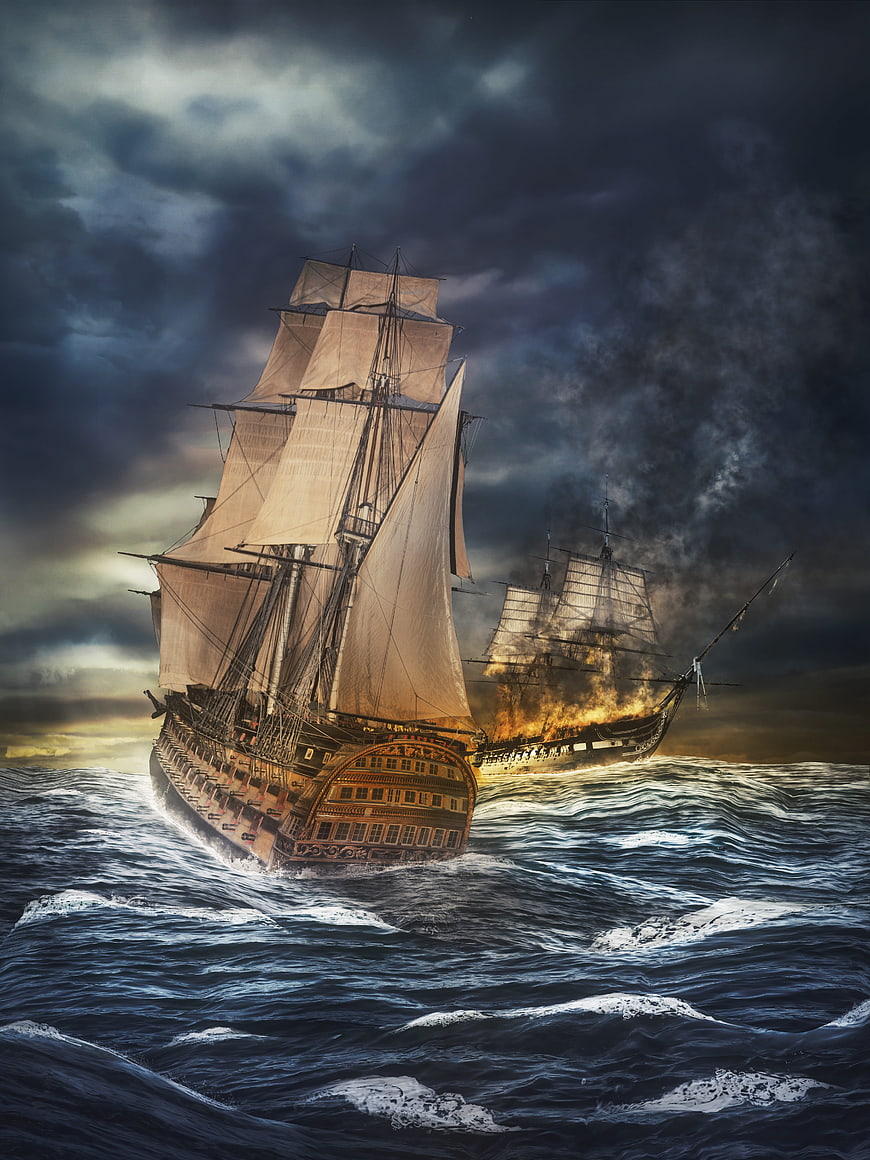 Dramatic naval battle with burning ship in stormy sea