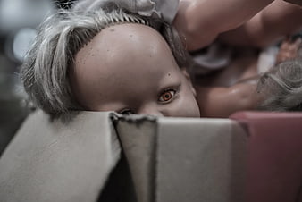 Close-up of creepy porcelain doll peeking from cardboard box