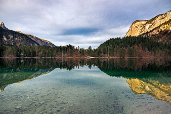 Serene Mountain Lake with Crystal Clear Water and Forest Reflections
