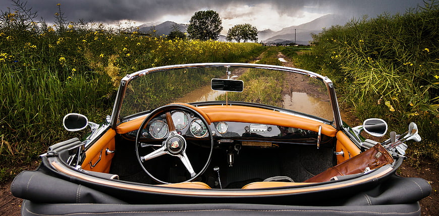 Vintage Porsche 356 Speedster Interior with Golf Clubs