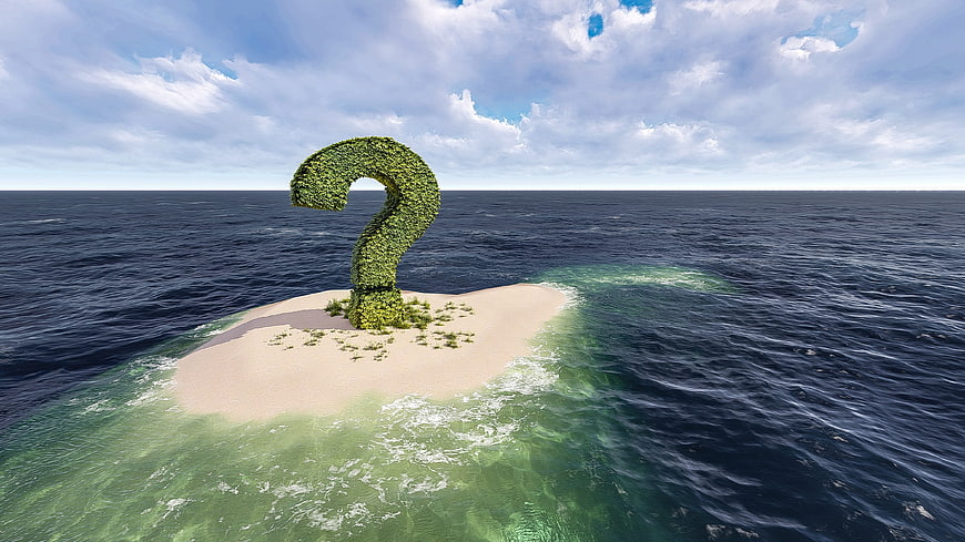 3D Green Question Mark Symbol On Small Deserted Island In Ocean