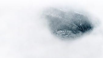 Aerial View of Snowy Forest Peak Through Thick Fog