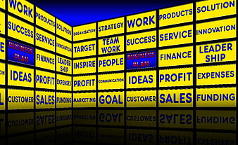 Business Strategy Wall With Yellow Text Tiles And Reflection