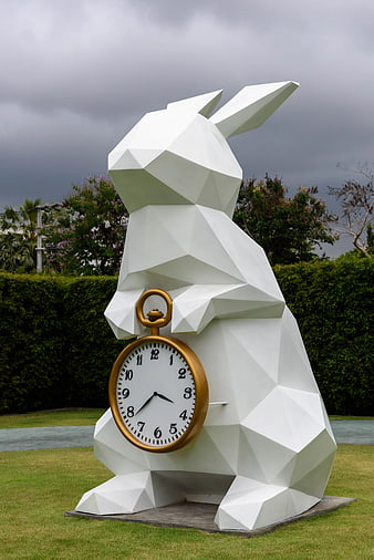 White Geometric Rabbit Statue with Gold Pocket Watch