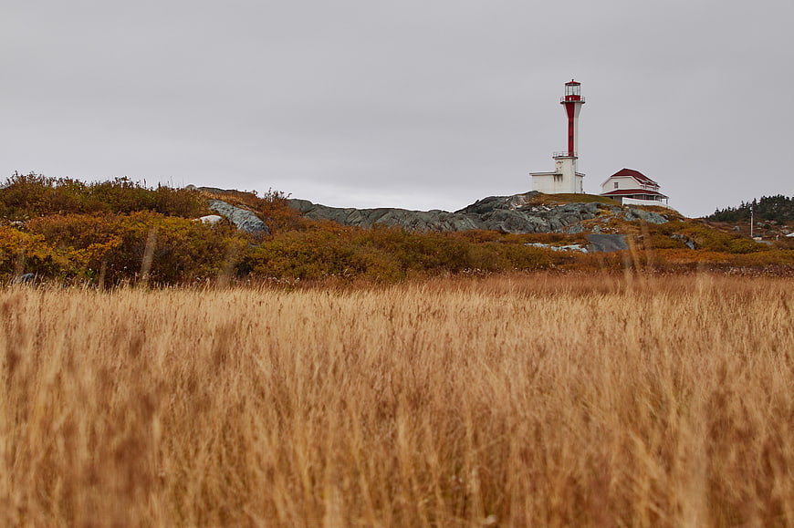 Red and white lighthouse on rocky coast with autumn grass
