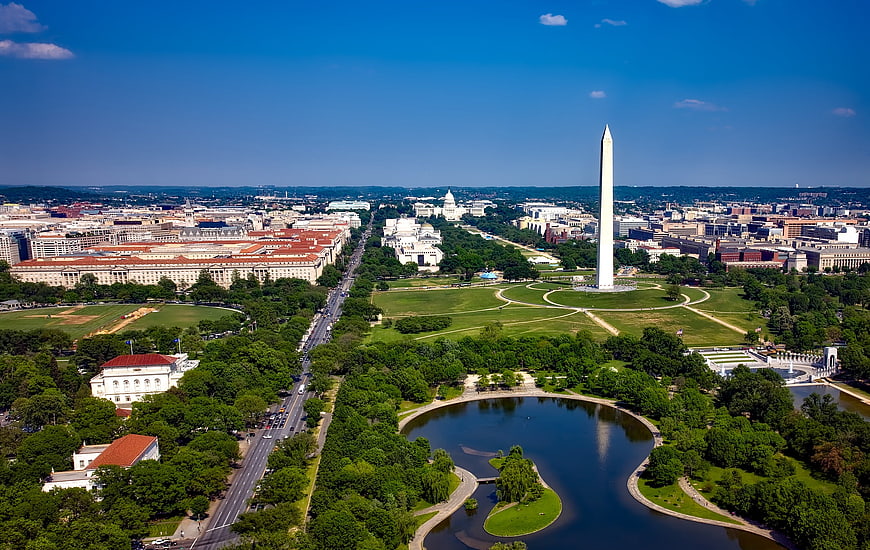 Aerial View of Washington DC National Mall and Washington Monument