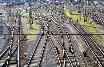 Aerial View of Complex Railway Tracks and Train Yard