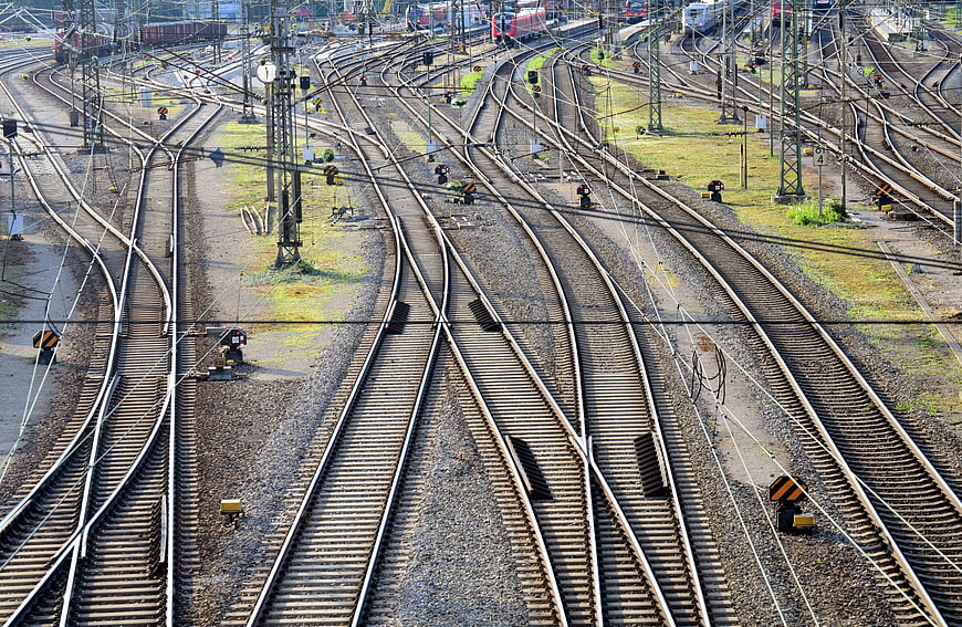 Aerial View of Complex Railway Tracks and Train Yard