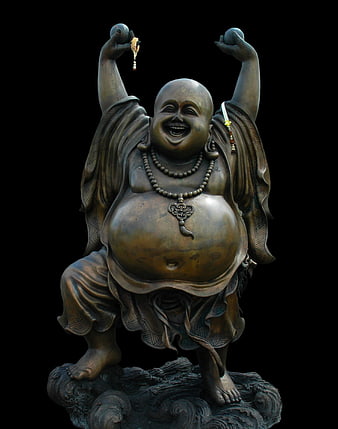 Bronze Laughing Buddha Statue with Raised Arms
