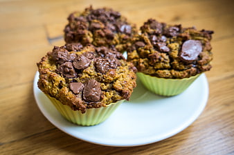 Homemade chocolate chip muffins on a white plate
