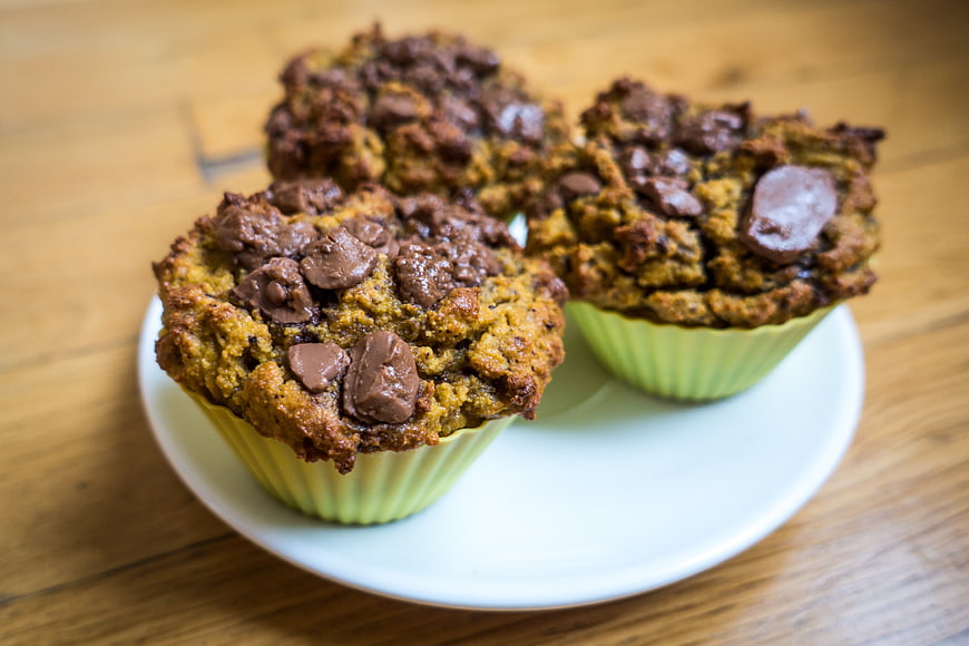 Homemade chocolate chip muffins on a white plate