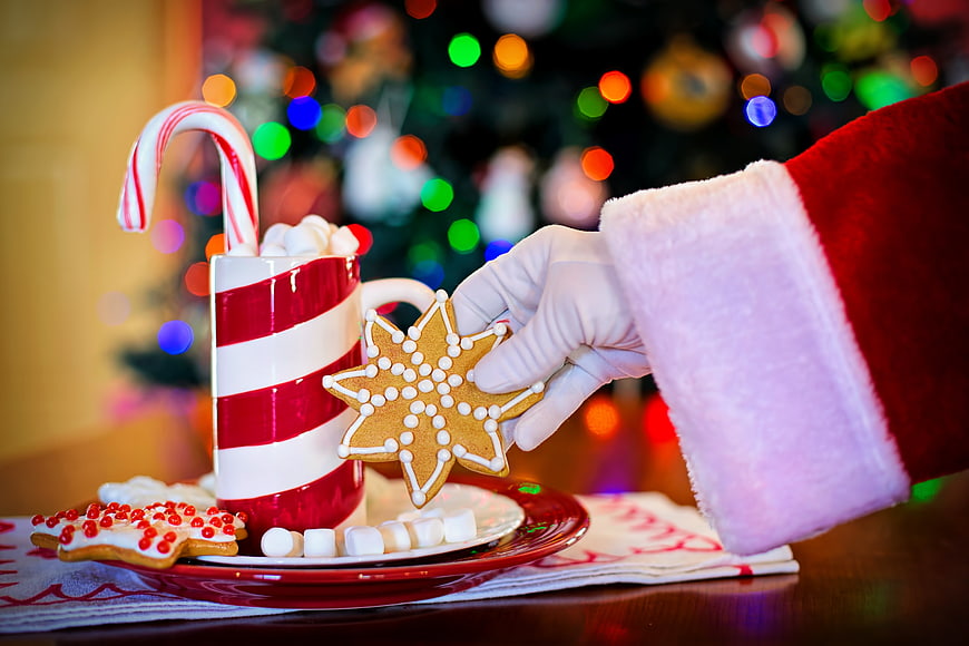 Santa Claus Hand Holding Gingerbread Cookie with Hot Chocolate