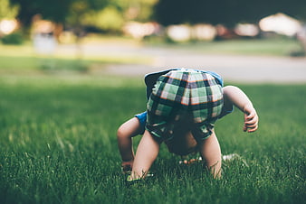 Toddler crawling on green grass in park