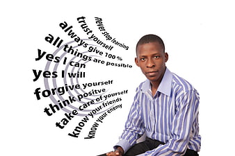Young man with motivational text on white background