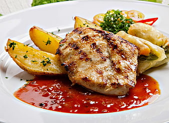 Grilled Pork Chop with Potatoes and Spring Rolls