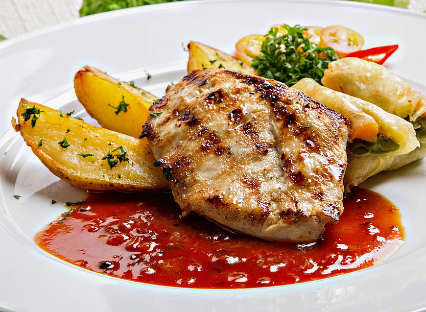 Grilled Pork Chop with Potatoes and Spring Rolls