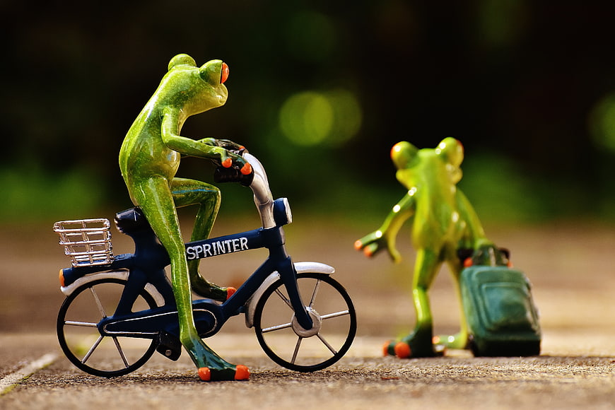Cute Green Frog Figurines on Bicycle and Walking with Suitcase