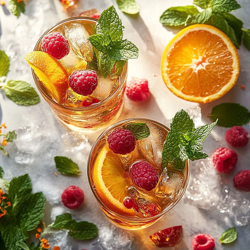 Overhead view of refreshing raspberry orange mocktails with mint