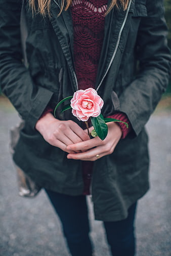 Woman holding pink camellia flower in autumn coat