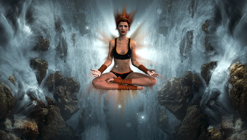 Mystical Woman Meditating in Ethereal Fantasy Landscape